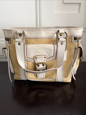 Coach vintage Woven Straw Tote with Cream Leather Trim - Neutral